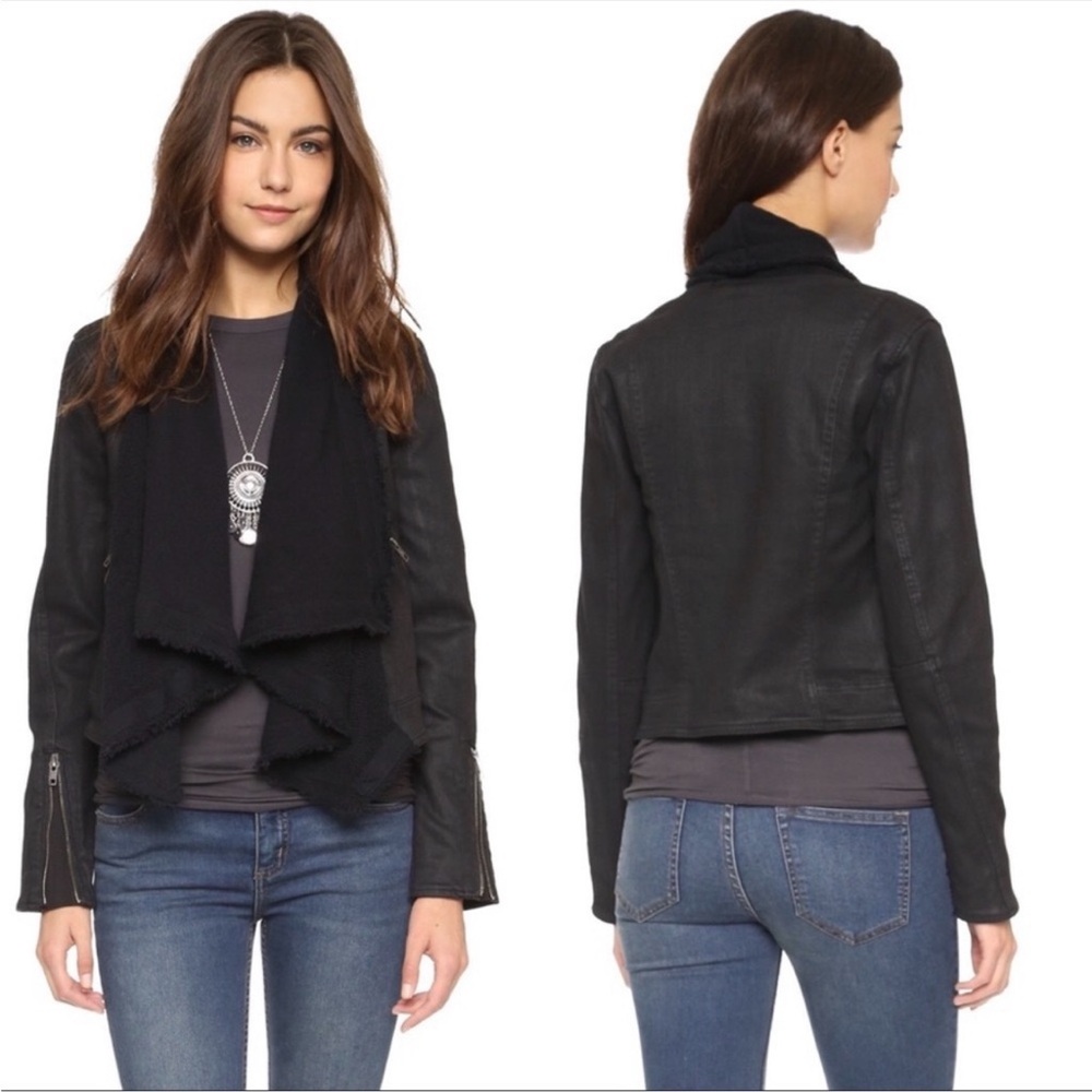 Free People Coated Denim Drape Front Moto Jacket Black Waterfall Collar XS 0